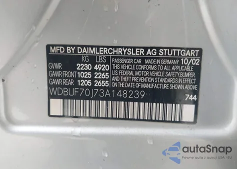 2003 Mercedes-Benz E 500 from USA, damaged, VIN WDBUF70J73A148239